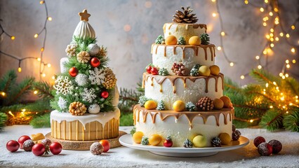 Beautiful Christmas cakes with festive decorations surrounded by lights ornaments and winter holiday atmosphere sweet dessert composition symbolizing celebration joy and warmth of New Year season