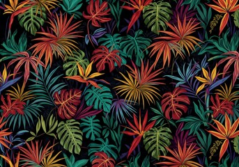 Vibrant tropical foliage pattern for bold designs, a stylish botanical print with lush leaves and exotic flowers ideal for fashion and decor