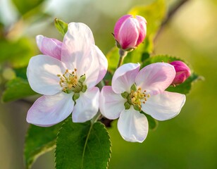 Delicate close-up of apple blossoms, soft pink hues, and a gentle green background