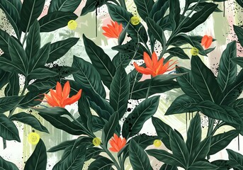 Elegant tropical pattern featuring vibrant bird of paradise flowers and lush foliage, perfect for modern textiles or sophisticated wall art design