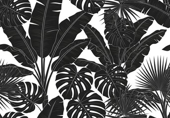 Stunning monochrome tropical foliage pattern offering a modern, elegant aesthetic for backgrounds, textiles, and stylish creative projects