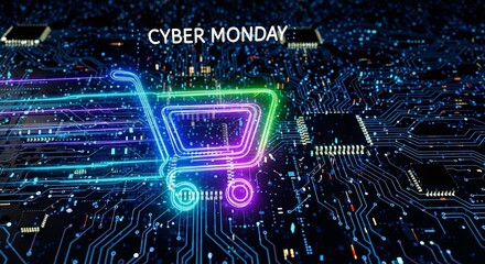 Cyber Monday sale banner with glowing shopping cart and circuit board elements for online shopping and technology promotion.