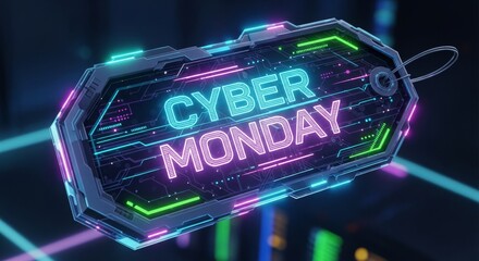 Cyber Monday digital technology price tag with circuit board elements and neon glow. Online shopping sale concept for discount promotion.