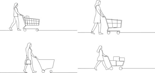 Obraz premium A group of woman pushing shopping trolley cart one continuous line art, Vector illustration, One line art, Line art graphic style