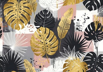 Trendy tropical leaf pattern with gold accents makes a stunning backdrop for modern designs and adds luxurious vibes to creative projects