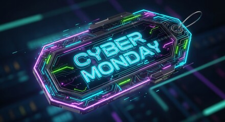 Cyber Monday digital technology price tag with circuit board elements and neon glow. Online shopping sale concept for discount promotion.