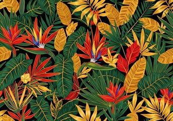 Vibrant tropical foliage background with bold leaves and exotic flowers creating a lush jungle paradise for stunning wallpaper and textiles