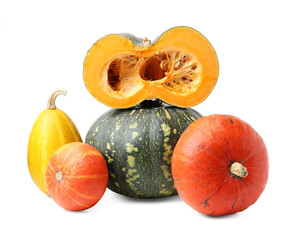 Many fresh pumpkins isolated on white. Gourd family