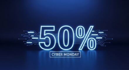 Cyber Monday 50 percent off text with neon effect and shop now button. E-commerce marketing promotion and online sale for Cyber Monday.
