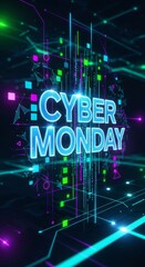 Cyber Monday text 3D render with glowing digital circuit board background. Holiday shopping event for online consumer sales and promotions.