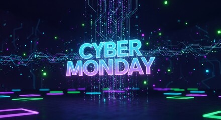 Cyber Monday text 3D render with glowing digital circuit board background. Holiday shopping event for online consumer sales and promotions.