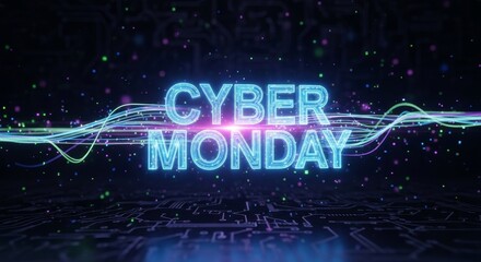 Cyber Monday text 3D render with glowing digital circuit board background. Holiday shopping event for online consumer sales and promotions.