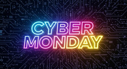 Glowing Cyber Monday text on a blue circuit board background, representing online shopping sales and digital marketing for holiday promotions.