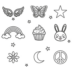 Collection of whimsical black and white doodles isolated on white background