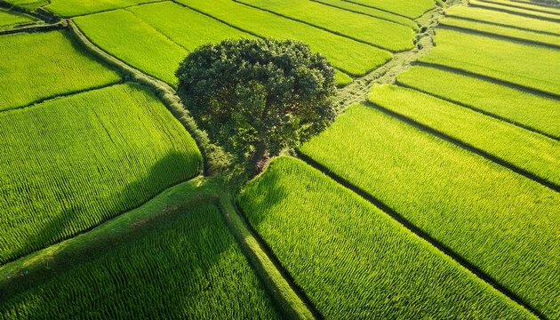aerial view of green rice fields with single tree