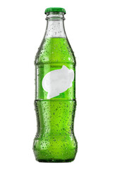 Green soda bottle without label, isolated glass container with sweet carbonated beverage on white background.