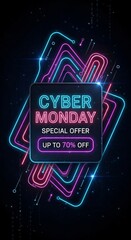 Cyber Monday special offer with up to 70 percent off text in stylized neon frame. Digital sales promotion banner. Tech shopping concept.