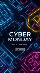 Cyber Monday sale banner with vibrant neon light circuit board background, digital design for holiday shopping promotion, up to 70% off.
