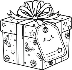 Charming hand drawn christmas gift box with festive holiday decorations and a cute tag