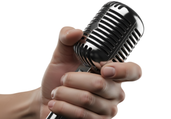 Hand holding a retro microphone isolated on transparent background, concept of music and performance
