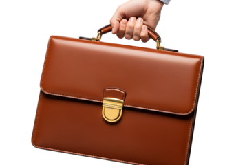 Hand holding a brown briefcase isolated on transparent background, concept of business and finance