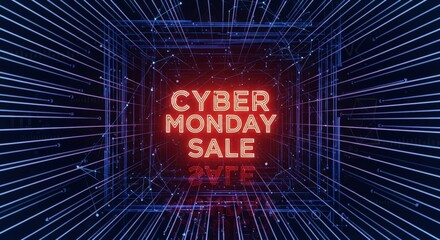 Cyber Monday sale neon sign with digital network lines. Digital commerce promotion concept for online shopping. Marketing campaign.