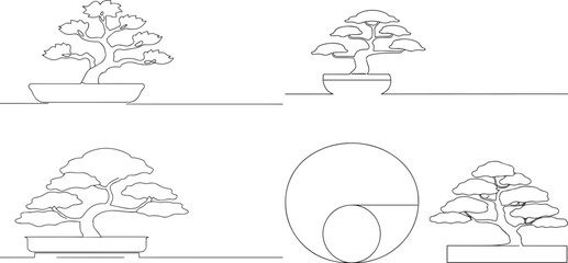 A group of Japanese Bonsai Tree one continuous line art, Vector illustration, One line art, Line art graphic style