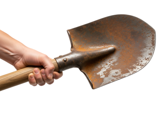 Hand holding a rusty shovel isolated on transparent background, ready for digging or gardening