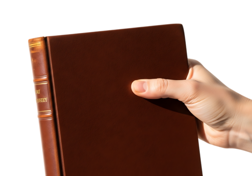 Hand holding a brown book isolated on transparent background, concept of reading and knowledge