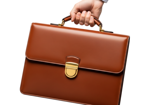 Hand holding a brown briefcase isolated on transparent background, concept of business and finance