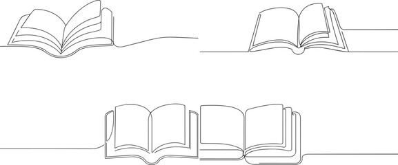 A group of Book open with page one continuous line art, Vector illustration, One line art, Line art graphic style