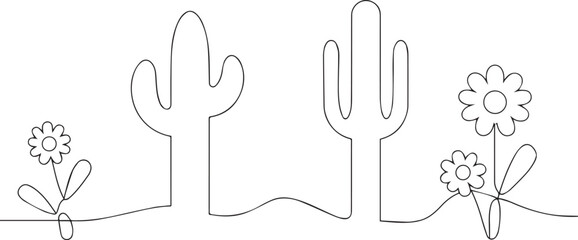 Cactus with flowers one continuous line art, Vector illustration, One line art, Line art graphic style