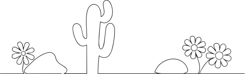 Cactus with flowers one continuous line art, Vector illustration, One line art, Line art graphic style