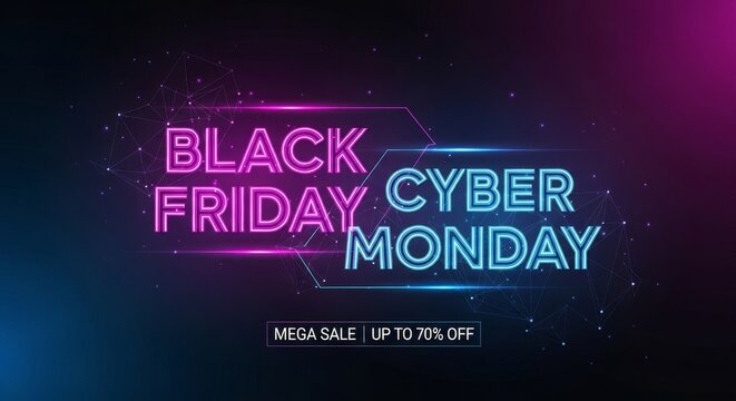 Black Friday Cyber Monday mega sale advertisement with neon glowing text and network dots. Online shopping and discount promotion.