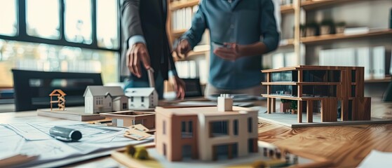 Naklejka na ściany i meble Business meeting in modern office with house model on desk, symbolizing real estate, property investment, and architecture. Perfect for illustrating teamwork, housing market, planning, and mortgage. Naklejka na ściany i meble Business meeting in modern office with house model on desk, symbolizing real estate, property investment, and architecture. Perfect for illustrating teamwork, housing market, planning, and mortgage.