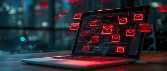 Laptop displaying red digital warning icons representing phishing, spam email, cybersecurity risk, data protection and online security concept.
