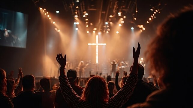 Crowd of people raising their hands in praise during a christian worship event, with a glowing cross visible on the stage and bright lights illuminating the scene, expressing faith and community