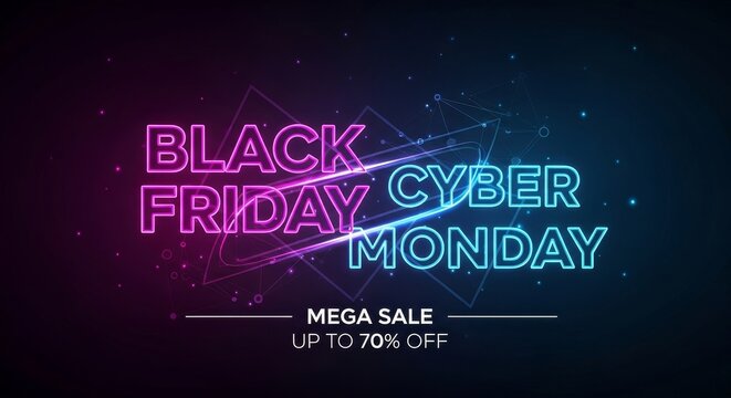 Black Friday Cyber Monday mega sale event with glowing neon text and up to 70% off discount for shopping promotion.
