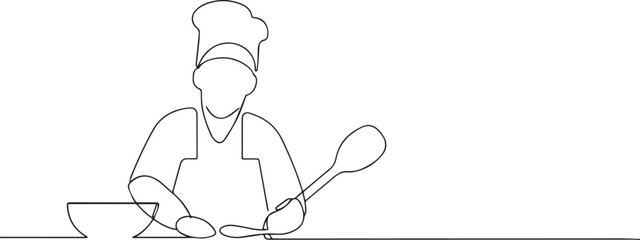 Fototapeta premium Chef cooking food one continuous line art, Vector illustration, One line art