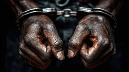 Person's dark skin hands are cuffed in heavy metal handcuffs, showing concepts of arrest, prisoner, crime, and justice against a dark background, depicting oppression and human rights issues