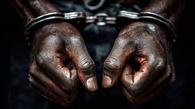 Person's dark skin hands are cuffed in heavy metal handcuffs, showing concepts of arrest, prisoner, crime, and justice against a dark background, depicting oppression and human rights issues