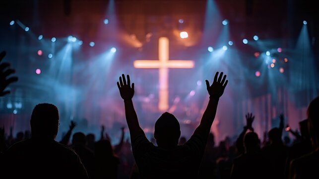 Congregation raising hands toward an illuminated cross on stage during an uplifting worship service, silhouetted crowd united in faith, praise and shared spiritual devotion