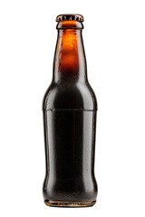 Brown beer bottle, isolated glass container for beverage mockup on white background, realistic 3D presentation.