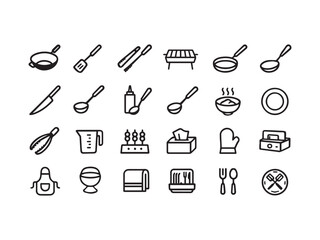 Minimal Kitchen Utensils Cooking Tools and Chef Line Icons - Food Preparation and Tableware Vector