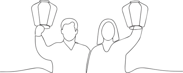Couple holding lantern one continuous line art, Vector illustration, One line art