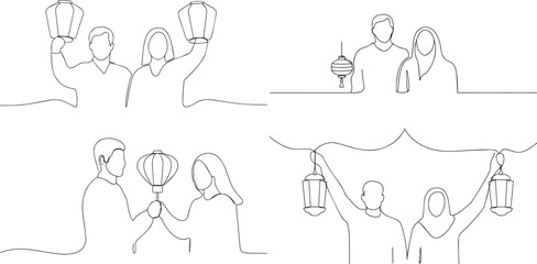 A group of  Couple holding lantern one continuous line art, Vector illustration, One line art