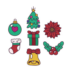Colorful Christmas Holiday Cartoon Vector Icon Set