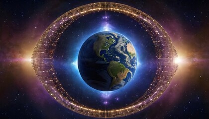 Obraz premium Earth Encircled by Futuristic Ring