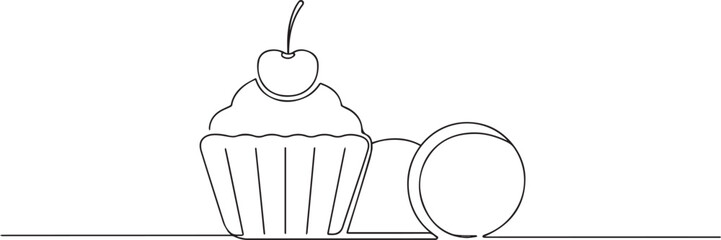 cupcake with cherry one continuous line art, Vector illustration, One line art, Line art graphic style