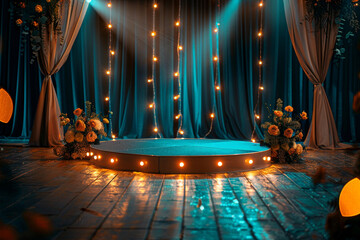 a 360 degree photo booth with led lights and a rotating platform surrounded by floral arrangements in front of curtains and string lights
